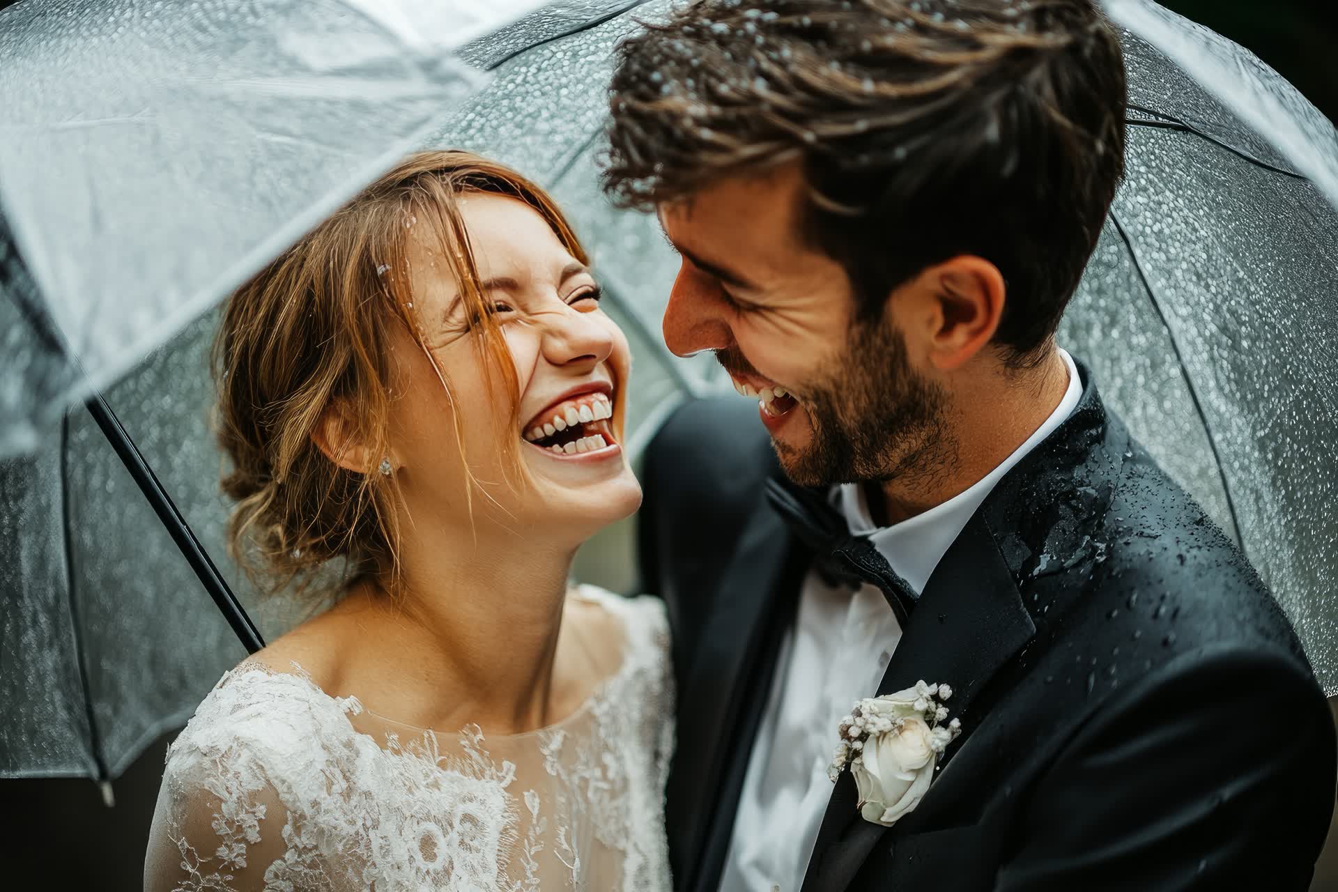 Novios riéndose bajo los paraguas en una boda con lluvia